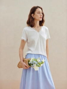 INMAN | French Lace Stitched Short Sleeve V-Neck Pure Color T-Shirt