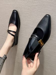 Comfortable Pointed Toe Mary Jane Shoes Soft Leather Strap Buckle Fashionable Korean Style Flat Heel Walking Footwear for Women