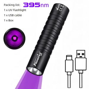 Alonefire 365/395nm Mini UV Flashlight Rechargeable Blacklight Torch Cat Tinea Stain Marker Money Fluorescence detection Lamps