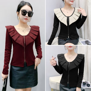 YIMEI กางเกงชั้นในสำหรับผู้ชายลูกปัดติดเล็บซิปคู่สำหรับผู้หญิงใหม่2025ฤดูใบไม้ผลิเสื้อฐานผ้าฝ้ายบางและบางเสื้อยืดคอวีแต่งระบาย