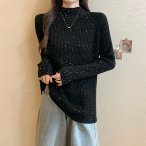 Stylish Versatile Younger Looking Half-High Collar Rhinestone Knit Top
