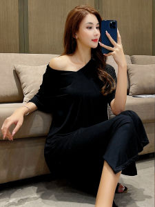 ชุดนอนผู้หญิงแขนสั้นยาว ชุดนอนโมดอลสีดำขนาดใหญ่ ชุดนอนฤดูร้อนแบบมีแผ่นรองหน้าอก ชุดนอนแบบสวมหัว ชุดนอนผู้หญิง