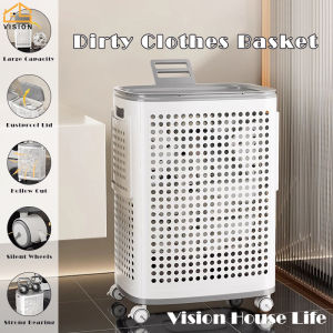 Vision Movable Laundry Hamper With Side Basket Large-Capacity Laundry Basket with Handle Bathroom Cut Out Ventilated Dirty Clothes Storage Rack Multifunctional Dirty Sundries Storage Trolley