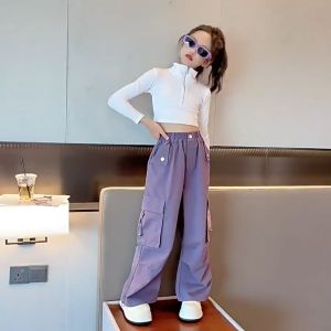 Korean Kids Cargo Pants for Girls Pocket Loose Wide-leg Pants for Kids Girl Baggy Pants for Kids
