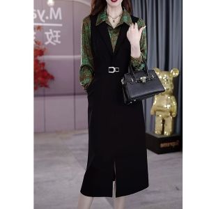 MAIMEI | Polo Collar Floral Print Dress Womens Autumn Slimming A-Line Skirt Midi Dress Polyester Fiber Long Sleeve Simple Style