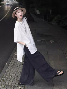 Linen Short Sleeve T-Shirt Women Summer 2025 New Side Slit Loose Covering Shirt Lazy Style Cotton Linen Retro Elegant Top