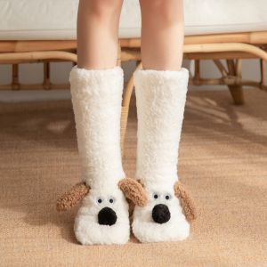 Sleeping Sock Women Cartoon 3D Dog Winter Warm Thermal Plush Non Slip Home Soft Female Floor Funny Fuzzy Fluffy Slipper Sock