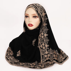 Jifang Black Cotton Linen Shawl Sulam Pashmina Retro Vintage Golden Embroidery Flower Paisley Raya Muslim Hijabs Shawls Tudung PW34