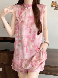 Shalldoer | New Chinese Style Fashion Set Women Summer Loose Slimming Floral Satin Top Wide Leg Short Pants Two Piece Set Elegant Casual