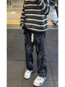Black Tie-Dye Fleece Straight Tapered Leisure Pants Men Autumn Winter High End