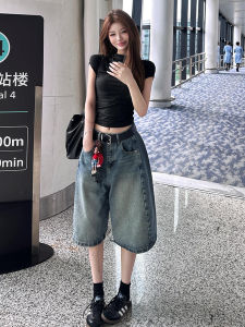 Quần Jeans Denim Ống Rộng Cạp Cao Phong Cách Mỹ Cho Nữ Quần Short 6 Phút Mùa Hè Quần Thường Ngày Cạp Cao Thường Ngày