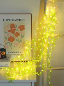 Indoor Childrens Bedroom Decorative Willow Leaf Curtain Lights Flashing Bronze Wire String Lights Festive Decor