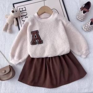 Bear Leader 3-7 Year Old Autumn and Winter Plain Kids Clothes Girls Long Sleeved Plush A-line Top+Short Skirt Two-piece Set