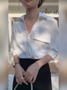 Women plain pocket loose blouse casual V-neck shirt top