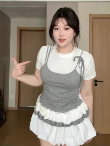 plus Size Womens T-Shirt Summer Slim Fit Short Sleeve Patchwork Strap Design Sense Micro Plump Mm Wood Grain Edge Decorations