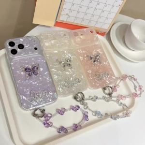 Ốp Điện Thoại iPhone 18/17/16/15/14/13 Pro Max Đính Đá Pha Lê Hình Bướm Sang Trọng Kèm Dây Đeo - Ốp TPU Lấp Lánh