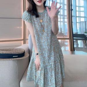 French Vintage Blue Midi Dress Summer New Style Womens Loose Floral Print Short Sleeve High Waist A-Line Dress Breathable Skin-Friendly