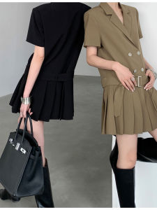 Slim Fit Double Breasted Suit Dress Women Summer Commute Style Pleated Waist Cinched Short Sleeve Polyester Blend Dress