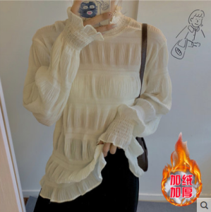 เสื้อชั้นในลูกไม้คอปกสั้นสไตล์ฝรั่งเศสสำหรับผู้หญิง ฤดูใบไม้ร่วง/ฤดูหนาว เสื้อเชิ้ตผ้าตาข่ายหนา เสื้อชั้นในผ้าขนแกะ เสื้อชั้นในคอปกสูงครึ่งตัว