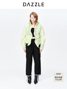 Dazzle Commute Style Thin Outerwear Top with Pleat Design European Fashion Pure Color Loose Fit Long Sleeve Zipper Closure