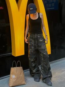 Quần Ống Rộng Kẻ Sọc Phong Cách Mỹ Cổ Điển Cho Nữ Mùa Xuân Dáng Rộng Thoải Mái Quần Jeans Nam Cạp Cao Có Dây Rút