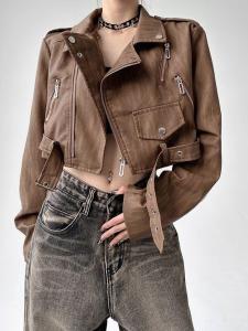 Retro American Fashion Cool Streetwear Short Loose Womens Leather Jacket Spring Autumn Small Size PU Leather Coat