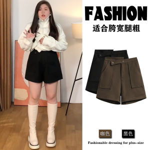 กางเกงขายาวทรงหลวมเอวสูงผ้าขนสัตว์สีดำไม่สม่ำเสมอสำหรับผู้หญิง ฤดูใบไม้ร่วง/ฤดูหนาว กางเกงขายาวทรงเอสั้นสำหรับผู้หญิงไซส์ใหญ่