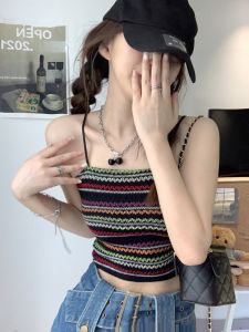 เสื้อกั๊กสั้นถักลายทางสีสันสดใสสำหรับผู้หญิงในช่วงฤดูร้อน เสื้อคลุมกันหนาวเซ็กซี่สไตล์โบฮีเมียน แขนกุด คอวี ความยาวปกติ