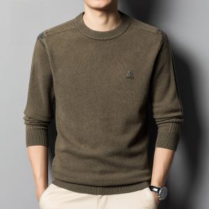ROMON | เสื้อสเวตเตอร์ถักผ้าขนสัตว์ 100% สำหรับผู้ชาย ทรงหลวม คอกลม แขนยาว ถักแบบลำลอง สำหรับฤดูหนาว แฟชั่นลำลอง