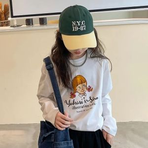 เสื้อยืดเด็กผ้าฝ้ายแท้สไตล์ลําลองสําหรับฤดูใบไม้ร่วงหลวมพอดีแขนยาวตู้เสื้อผ้าที่จําเป็นสําหรับเด็กผู้หญิง