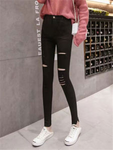Slim Fit Black Pants for Women High Waist Thin Summer Bottoms Eighteen Points Hole Design Outerwear Casual Fashion Trousers