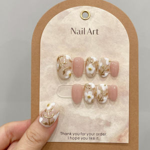 New Chinese Style Three-Dimensional Flower Gentle Fancy Small Public White Short T National Style Hand-Made Relief Nail Sticker Oval Nail