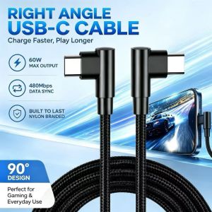 Right Angle USB C to USB C Cable 60W PD Fast Charging 90° Nylon Braided Type C Cord iPhone 16/17 Samsung Laptop Tablet Gaming