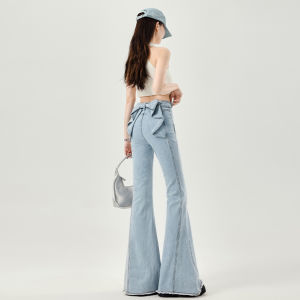 La Chapelle Sweet 3D Butterfly Knot Denim Pants Womens Summer New High Waist Cheeky Hairline Micro Flared Pants Casual Style