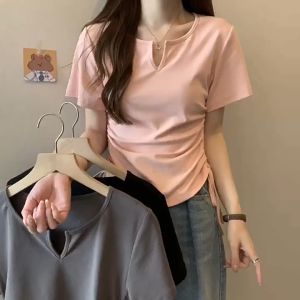 V-Neck Short Sleeve Ribbed Drawstring Crop Top (M/L/XL)