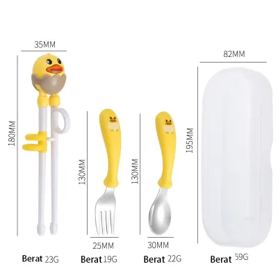 3 in 1 Set alat makan kartun anak Sumpit Pelatihan Bayi Stainless Steel + Sendok + Garpu Set / Peralatan Makan Pelengkap AnakB432