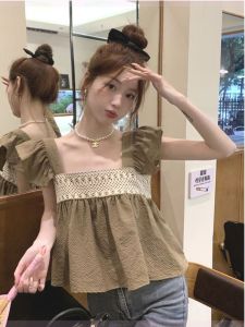 Sweet Design Sense Lace Patchwork Miniature Doll Shirt Womens Fashion Spring Summer New Style Short Sleeve Square Collar Top