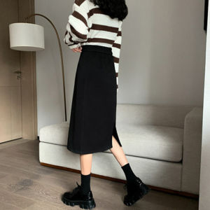 High Waist A-Line Midi Skirt for plus Size Women Black Suit Style Split Hip Covering Half-length Skirt Casual Polyester Fabric