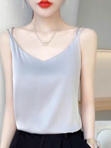 ผ้าไหม คอวี ไม่มีสาย เสื้อกั๊ก ผู้หญิง เรียบง่าย สง่างาม หลวม Mulberry ผ้าไหม แขนกุด เสื้อเบส Match Inner Wear เล็ก ชุดสูท