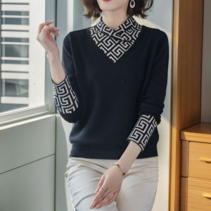 ฤดูใบไม้ร่วง ฤดูหนาว รูปแบบใหม่ ผู้หญิง เสื้อฐานครึ่งสูง ปกเสื้อ เสื้อยืดแขนยาว บล็อกสี โพลีเอสเตอร์ ไฟเบอร์ ลำลอง หลวม Fit