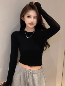 Pure Cotton Black Short Sleeveless Top Womens Inner Wear High Waist Belly Baring Long Sleeve T-Shirt Korean Style Commute Fashion