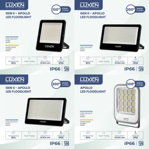 LUXEN APOLLO LAMPU SOROT FLOODLIGHT LED 10W 20W 30W 50W 100W 200W 300 WATT CAHAYA PUTIH / KUNING WARM WHITE 3000K BAGUS BERKUALITAS