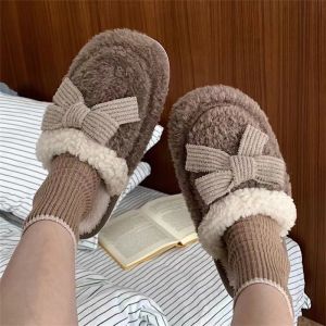 Thick Bottom Cotton Slippers Womens Winter Cute Bow Knot Home Anti-slip Couple Slippers Lunar Month Flat Heel PVC Outsole