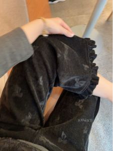 East Gate Winter New Style Embossed Flocking Process Design Butterfly Knot Embellished Fleece Lined Casual Black Pants