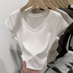 ไหล่คอวีแขนสั้นเสื้อยืดผู้หญิงฤดูร้อนใหม่หวานและเย็นแน่นจีบเอวสีขาวสาวร้อน SLIM FIT T-SH