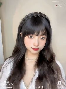 Korean Style Air Bangs Wig with Braids Headbands Neat Fringe Bands with Braids Headband Hair Band Wig Hairpieces Accessories