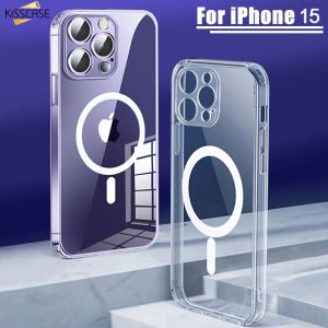 KISSCASE Original Magsafe HD Clear Case For iPhone15 14 Pro Max 14 Plus 13 12 11 XR X XS MAX Lens Frame Protective Shockproof Wireless Charging Hard PC Phone Back Cover