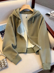 Womens Zipper Cardigan Sweatshirt Jacket Spring Autumn Thin New Style Hat Design Unique Green Top Loose Fit Long Sleeve