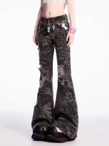 Quần Jeans Denim Ống Loe Cạp Cao Phong Cách Mỹ Millennial Camouflage Rách Rãi Cho Nữ Mùa Thu Quần Dài Đến Sàn