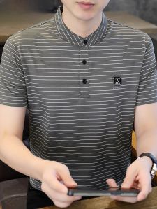 HENGYUANXIANG | Hengyuanxiang Mens Stripe Short Sleeve T-Shirt Casual Summer Fashion Stand Collar Half Sleeve Body Fit Top Quality Nylon Spandex